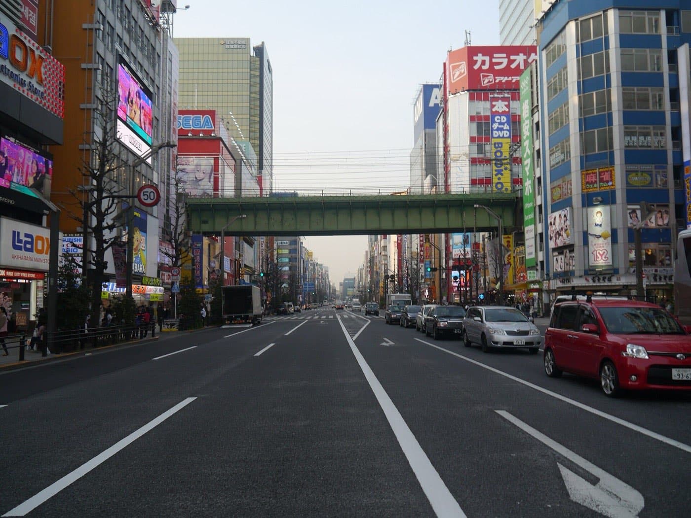 Multi-lane street in Akihabara Electric Town with shop buildings on both sides and a green overpass
