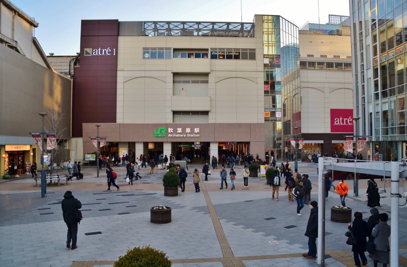 Plaza in front of Akihabara Station's Electric Town entrance with pedestrians